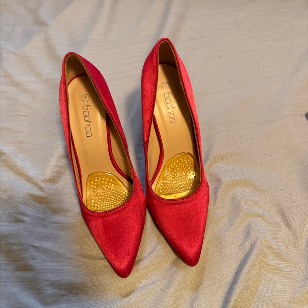Boohoo Red Satin Pointed Toe Heels